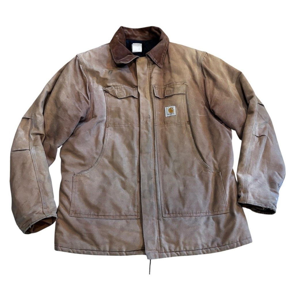 VINTAGE Carhartt Jacket Beige Duck Canvas Quilt Lined Coat Size 2XL